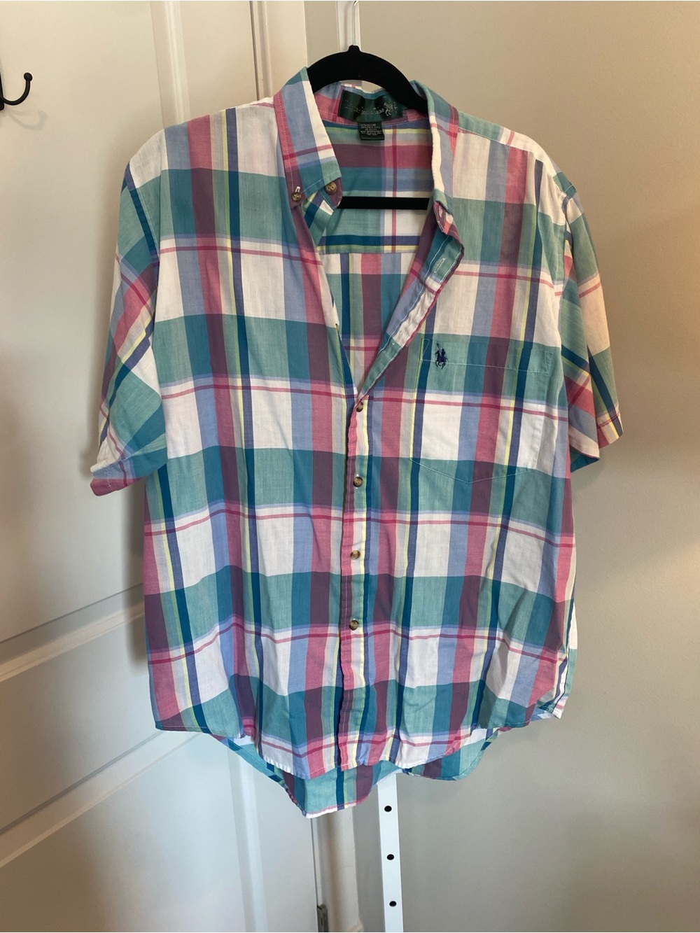 Polo by Ralph Lauren Short-Sleeve Plaid Button-Down Shirt — Teal, Pink & White